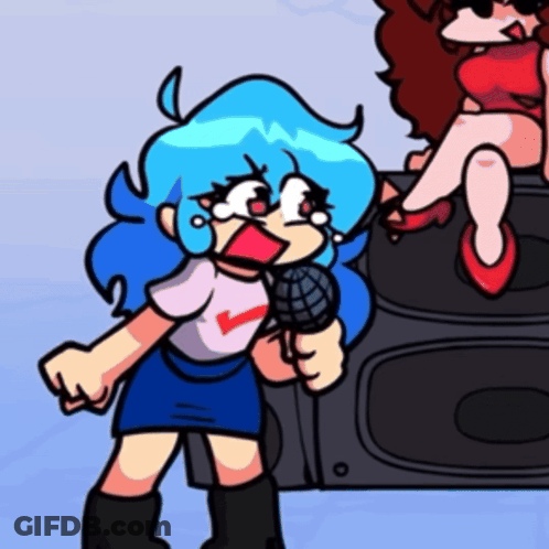 A Cartoon Girl With Blue Hair Is Holding A Microphone And Crying GIF