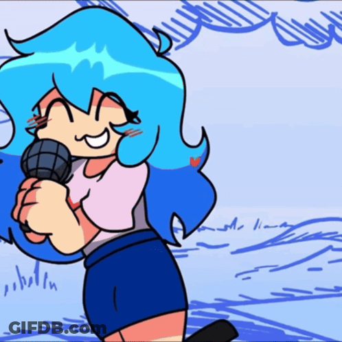 A Cartoon Girl With Blue Hair Is Holding A Microphone GIF