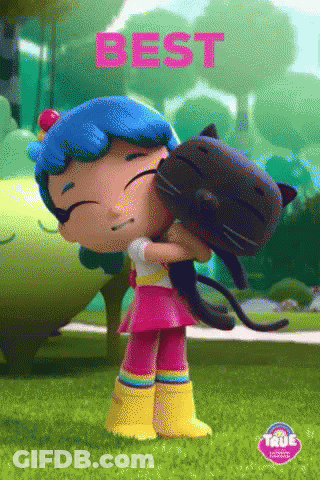 A Cartoon Girl With Blue Hair Is Hugging A Black Cat With The Word Best Written On It GIF