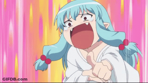 A Cartoon Girl With Blue Hair Is Pointing Her Finger At The Camera GIF