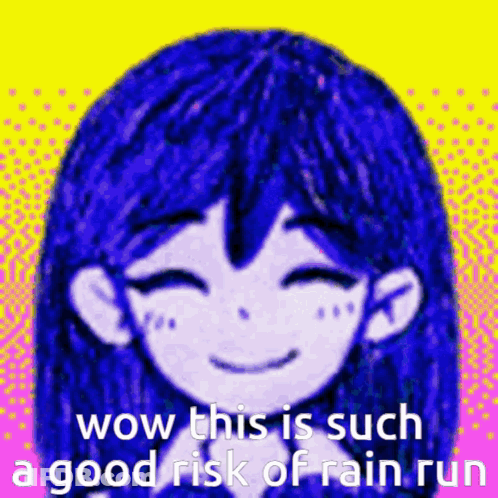 A Cartoon Girl With Blue Hair Is Smiling And Says Wow This Is Such A Good Risk Of Rain Run . GIF
