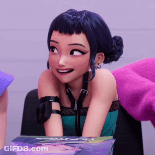 A Cartoon Girl With Blue Hair Is Smiling While Sitting In A Chair GIF