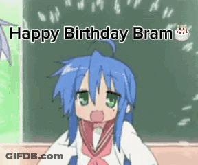 A Cartoon Girl With Blue Hair Is Standing In Front Of A Blackboard With The Words Happy Birthday Bram Written On It . GIF