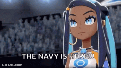 A Cartoon Girl With Blue Hair Is Standing In Front Of A Crowd And Says The Navy Is Here . GIF