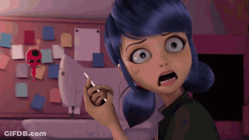 A Cartoon Girl With Blue Hair Is Standing In Front Of A Sewing Machine And Holding A Pen . GIF