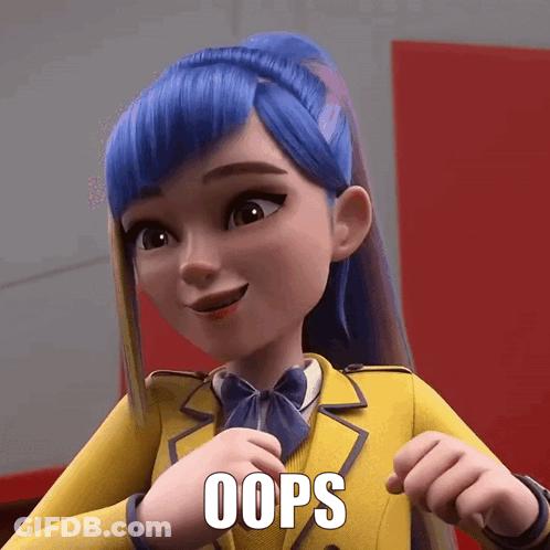 A Cartoon Girl With Blue Hair Is Wearing A Yellow School Uniform And Has The Word Oops Written On Her Face GIF