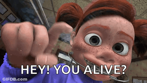 A Cartoon Girl With Braces On Her Teeth Is Asking If She Is Alive GIF