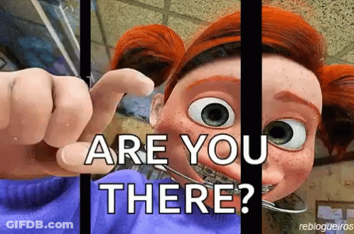 A Cartoon Girl With Braces On Her Teeth Is Behind Bars And Says " Are You There " GIF