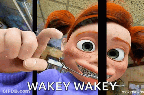 A Cartoon Girl With Braces On Her Teeth Is Behind Bars With The Words Wakey Wakey Above Her GIF