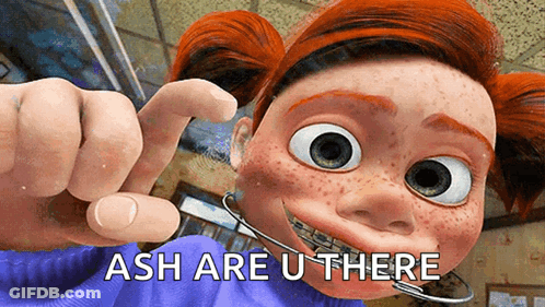 A Cartoon Girl With Braces On Her Teeth Is Pointing At The Camera With The Caption Ash Are U There GIF