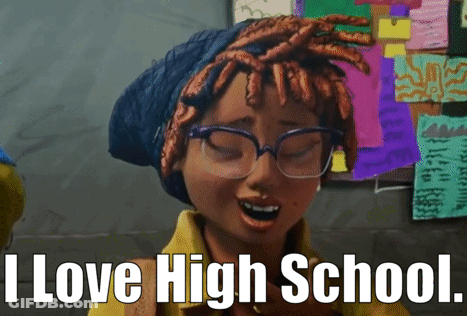 A Cartoon Girl With Dreadlocks And Glasses Says " I Love High School " GIF