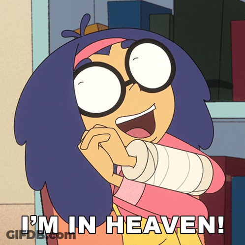 A Cartoon Girl With Glasses And A Bandaged Arm Says I 'M In Heaven GIF