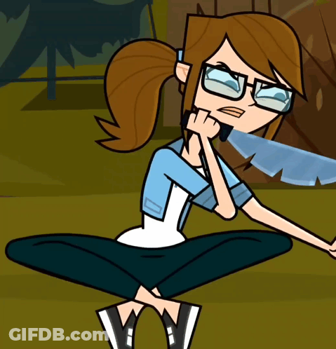 A Cartoon Girl With Glasses Is Squatting Down With Her Hands On Her Chin GIF