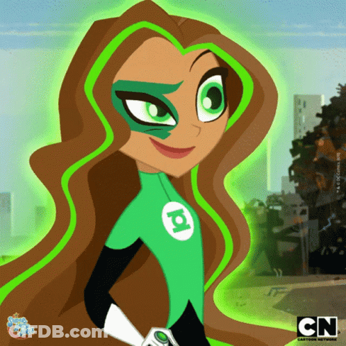 A Cartoon Girl With Green Hair And A Green Lantern Costume GIF