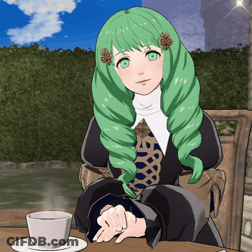 A Cartoon Girl With Green Hair Is Sitting At A Table With A Cup Of Coffee GIF