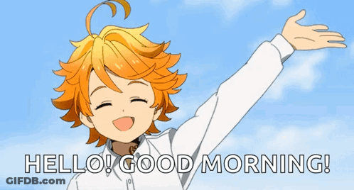 A Cartoon Girl With Her Arms Outstretched And The Words Hello Good Morning On The Bottom GIF