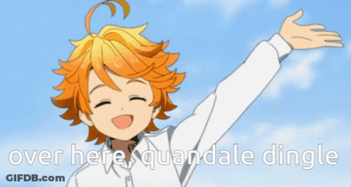 A Cartoon Girl With Her Arms Outstretched And The Words Over Here Quandale Dingle GIF