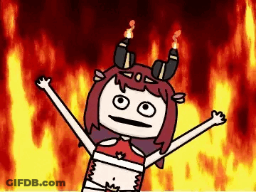 A Cartoon Girl With Horns Is Standing In Front Of A Fire With Her Arms Outstretched . GIF