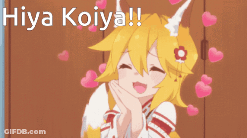 A Cartoon Girl With Horns Is Surrounded By Pink Hearts And The Words " Hiya Koiya !! " GIF