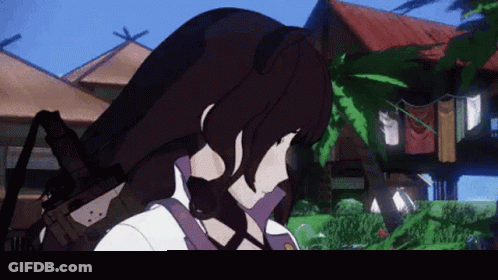 A Cartoon Girl With Long Black Hair Is Standing In Front Of A House Holding A Gun . GIF