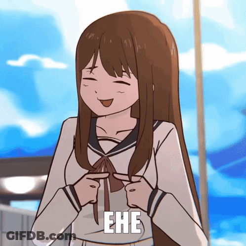 A Cartoon Girl With Long Brown Hair Is Pointing At Herself With The Word Ehe Written Below Her GIF