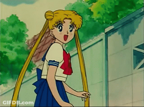 A Cartoon Girl With Long Hair Is Standing In Front Of A Building And Trees . GIF