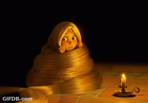 A Cartoon Girl With Long Hair Wrapped Around Her Head And A Candle In The Background GIF