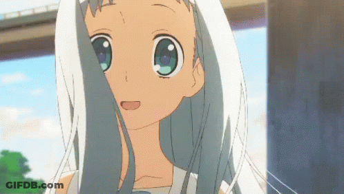 A Cartoon Girl With Long White Hair And Blue Eyes Is Smiling GIF
