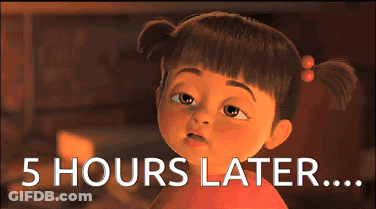 A Cartoon Girl With Pigtails And The Words 5 Hours Later Below Her GIF