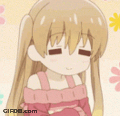 A Cartoon Girl With Pigtails Is Sitting Down With Her Eyes Closed And Wearing A Pink Dress . GIF