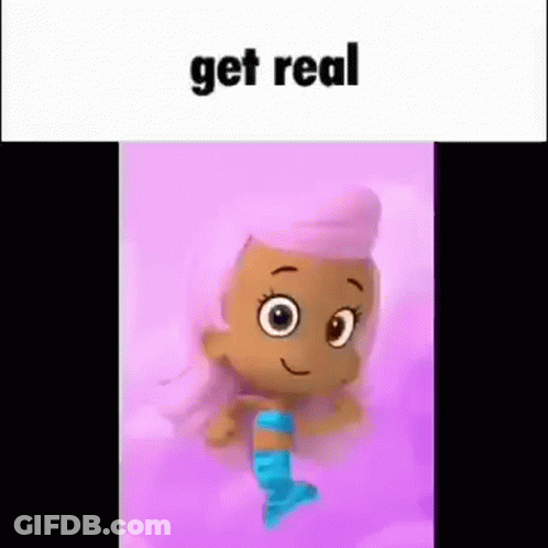 A Cartoon Girl With Pink Hair And A Blue Tail Is Dancing On A Purple Background With The Words `` Get Real '' . GIF