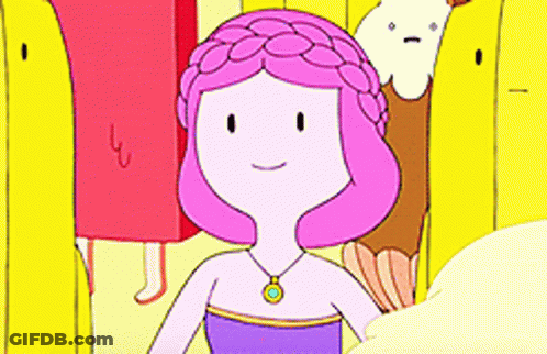A Cartoon Girl With Pink Hair And A Necklace Is Standing In Front Of A Bunch Of Yellow Lockers . GIF