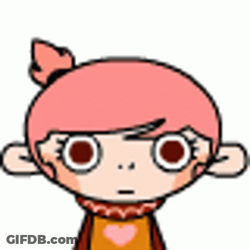 A Cartoon Girl With Pink Hair And A Scarf Around Her Neck Is Looking At The Camera . GIF