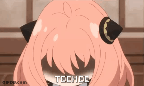 A Cartoon Girl With Pink Hair And Black Ears Is Making A Funny Face And Says Teehee . GIF
