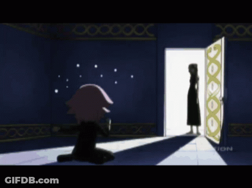 A Cartoon Girl With Pink Hair And Blue Eyes Is Standing In Front Of A Sign That Says Funimation GIF