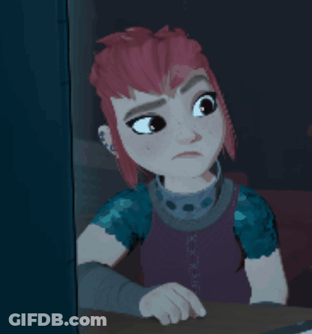 A Cartoon Girl With Pink Hair And Blue Sleeves Is Looking Out A Window GIF