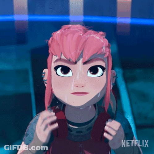 A Cartoon Girl With Pink Hair And Freckles Is Holding A Knife And Looking At The Camera . GIF