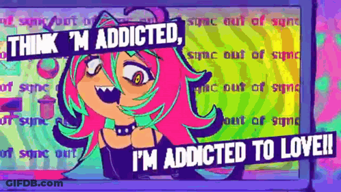 A Cartoon Girl With Pink Hair And Green Eyes Is Standing In Front Of A Computer Screen That Says Think I 'M Addicted . GIF