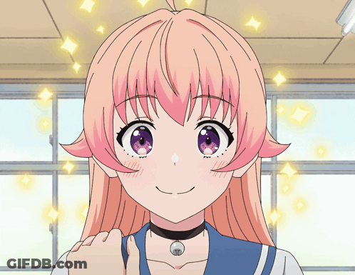 A Cartoon Girl With Pink Hair And Purple Eyes GIF