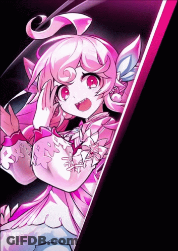 A Cartoon Girl With Pink Hair And Red Eyes Is Standing In Front Of A Black Background GIF
