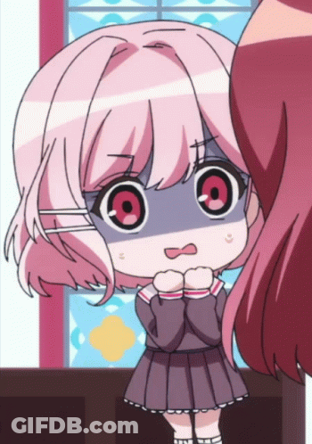 A Cartoon Girl With Pink Hair And Red Eyes Looks Surprised GIF