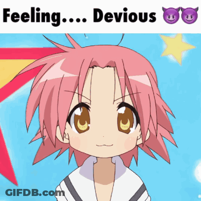 A Cartoon Girl With Pink Hair And The Words Feeling Devious GIF