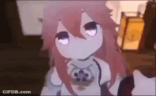 A Cartoon Girl With Pink Hair And White Eyes Is Standing In A Dark Room . GIF
