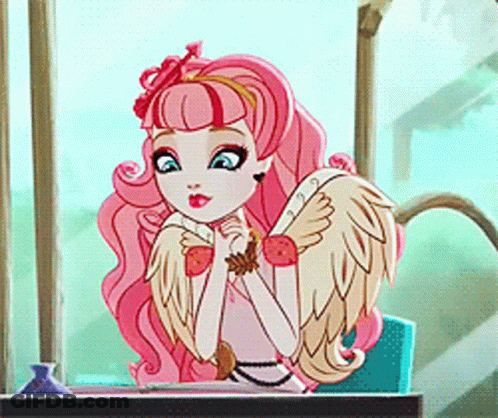 A Cartoon Girl With Pink Hair And Wings Is Sitting At A Desk GIF