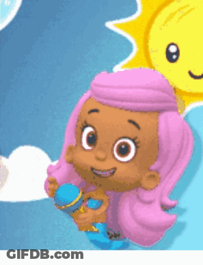 A Cartoon Girl With Pink Hair Is Holding A Blue Cup GIF
