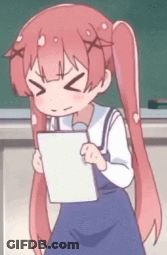A Cartoon Girl With Pink Hair Is Holding A Piece Of Paper And Making A Funny Face . GIF