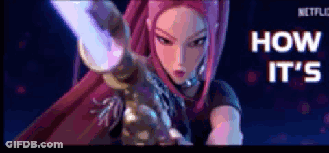A Cartoon Girl With Pink Hair Is Holding A Sword In Her Hand . GIF