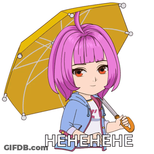 A Cartoon Girl With Pink Hair Is Holding A Yellow Umbrella With The Word Henehene Written Below Her GIF