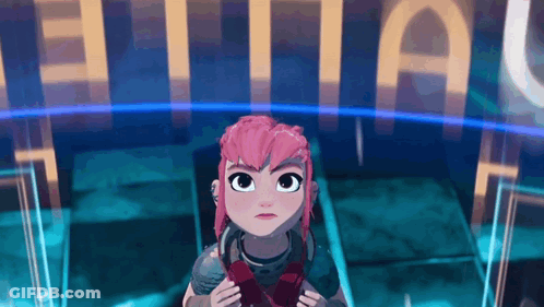 A Cartoon Girl With Pink Hair Is Standing In Front Of A Sign That Says ' Eternal ' GIF