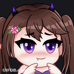 A Cartoon Girl With Purple Eyes And Horns On Her Head GIF